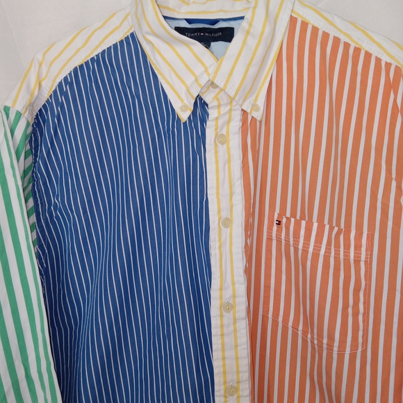 Tommy Hilfiger Mens XL Colorblock Stripe Button Up Shirt 2 Ply Cotton Y2K 90s - Picture 4 of 11